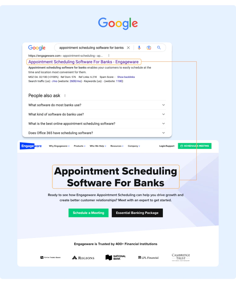 Looking up the search term Appointment Scheduling Software For Banks brings up the Engageware landing page