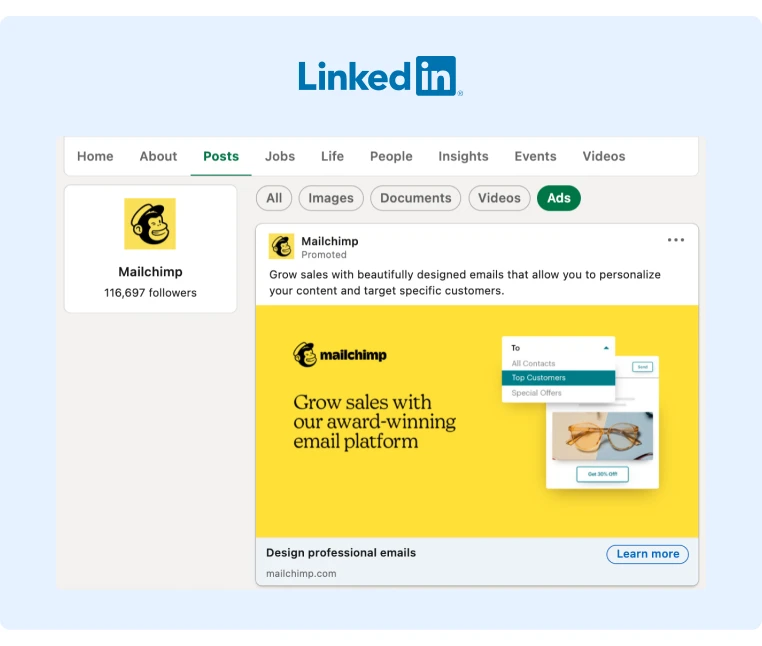 MailChimp LinkedIn Page has a section for Ads