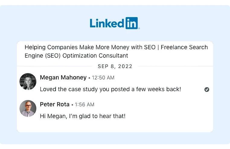 Megan send a direct message after leaving a comment on the post about backlinks