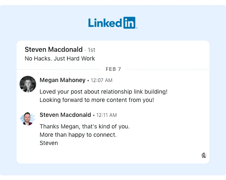 Megan sent a direct message to a LinkedIn author prasing his recent post