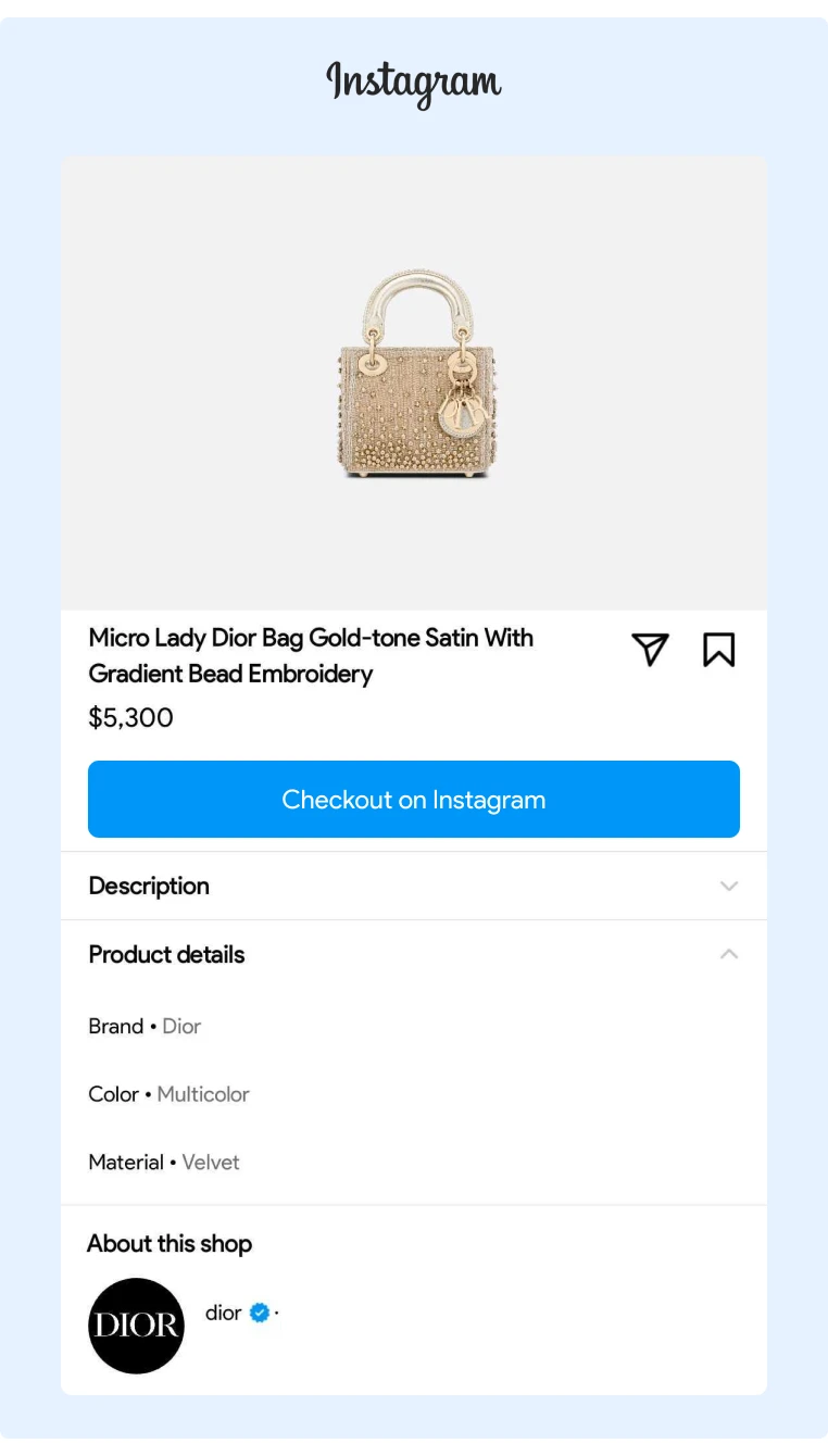Overview of Instagram Checkout when selecting a handbag from Dior Instagram Shop