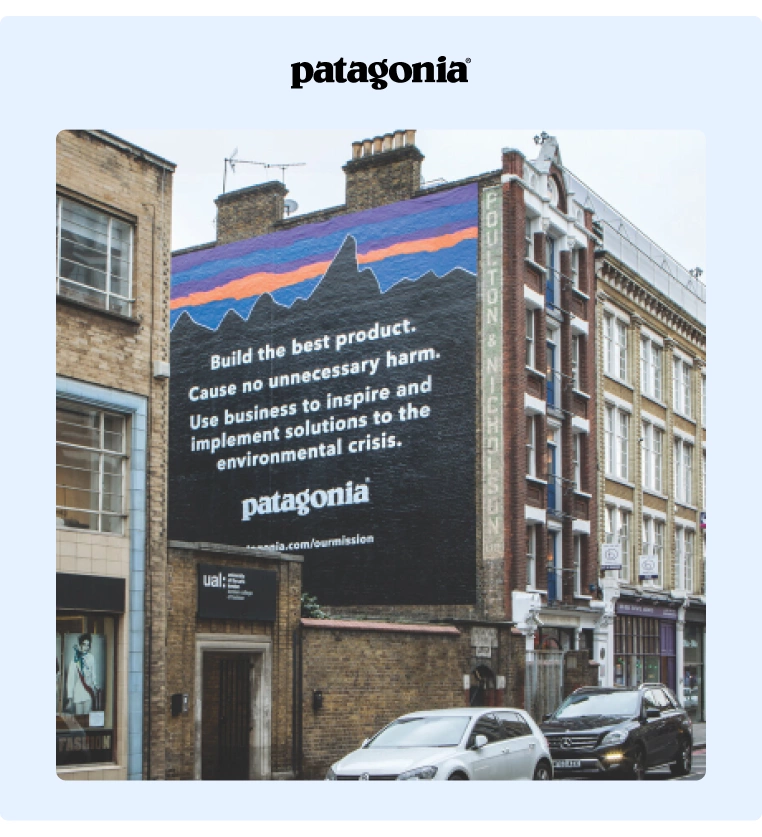 Patagonias values painted on the side of a building with their brand colors