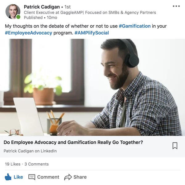 Patricks Linkedin Post about Advocacy and Gamification
