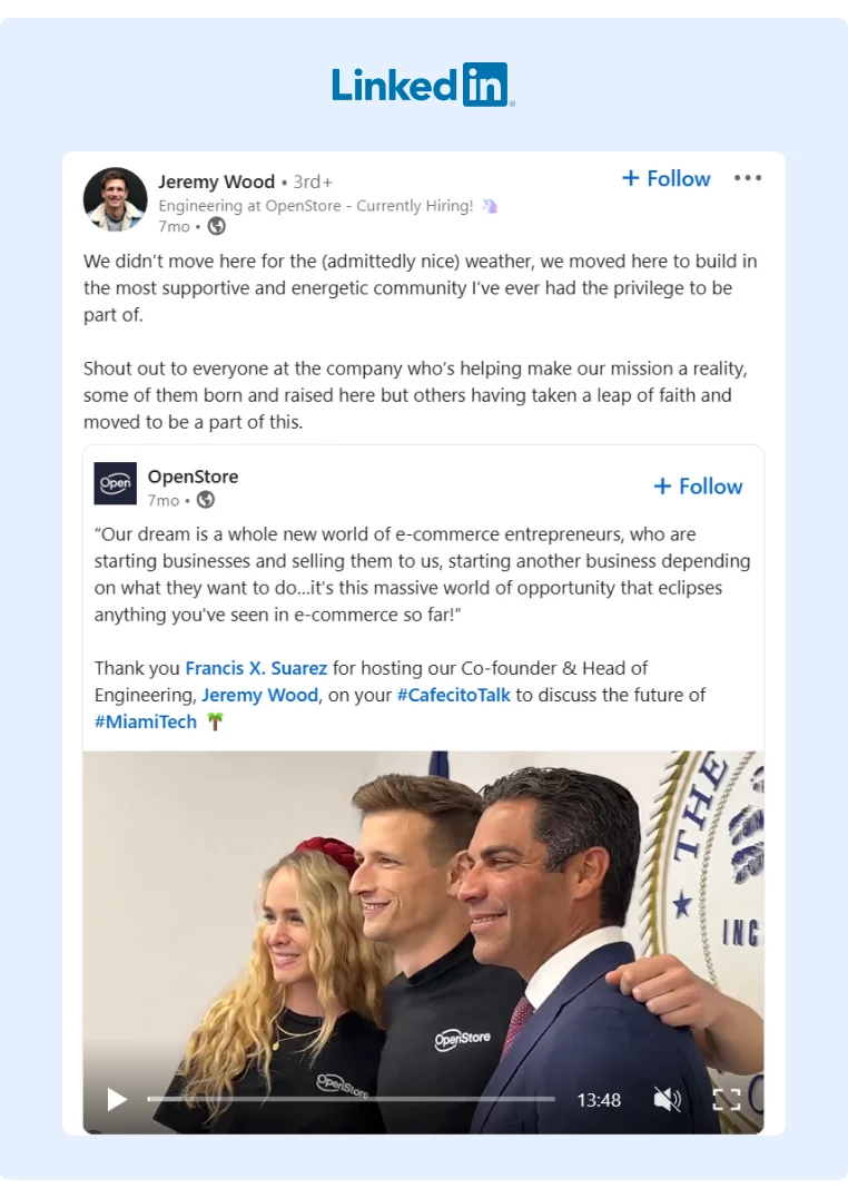 Post of an employee sharing branded content and expanding it by adding his perspective