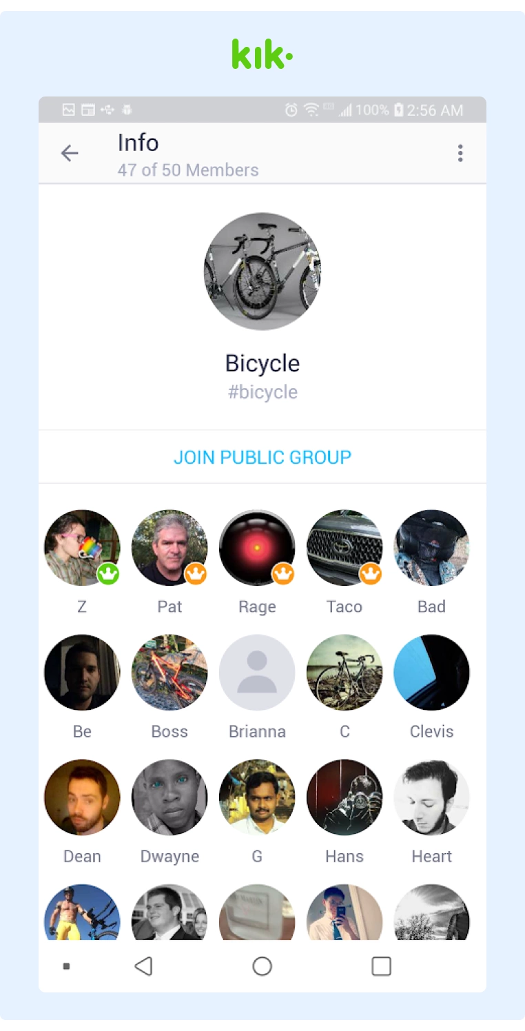 Screenshot of a Kik group chat