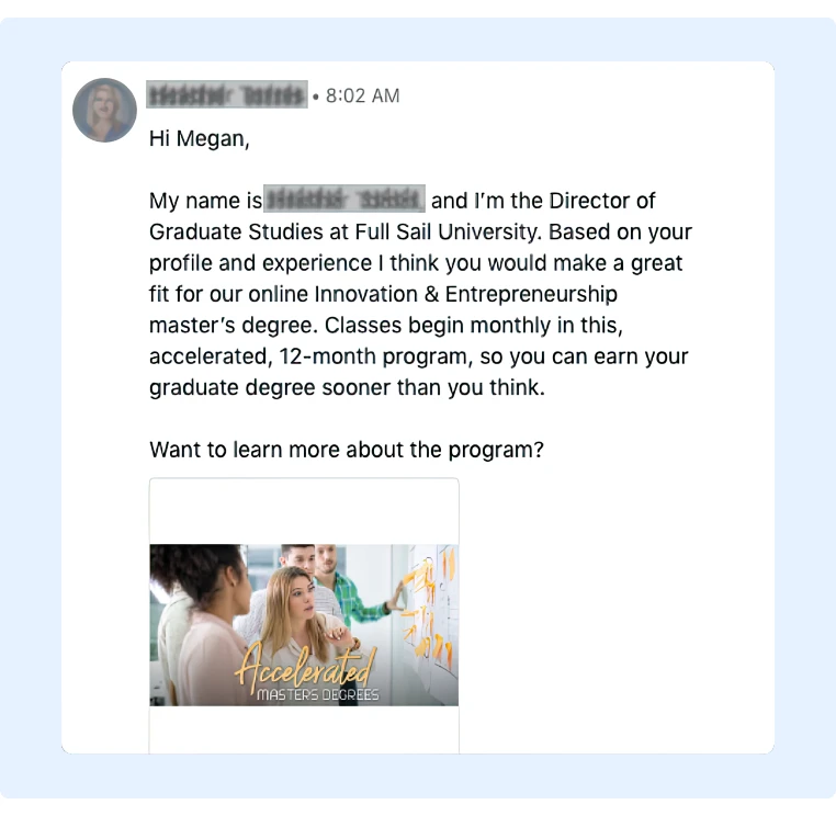 Screenshot of a generic promotional outreach email to apply to an online Masters Degree at Full Sail University