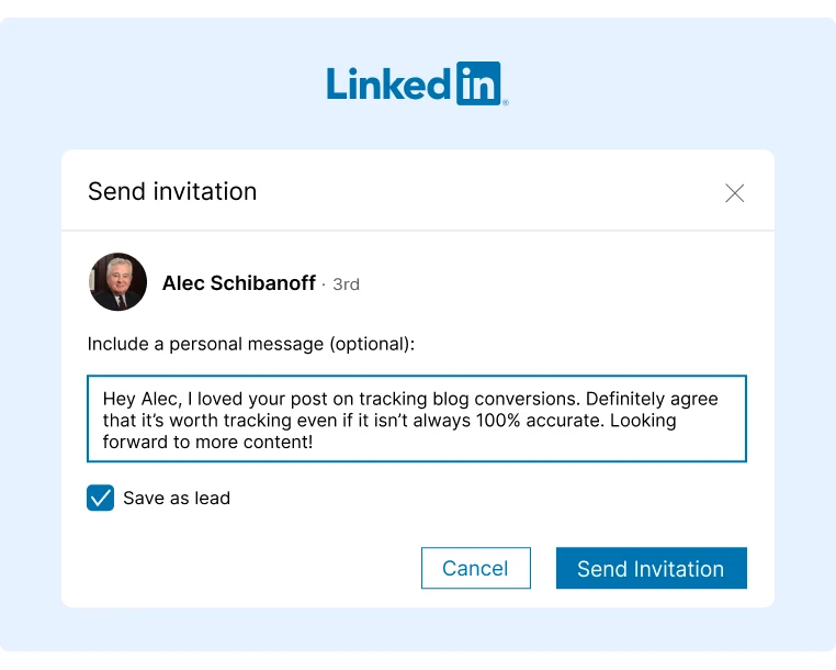 Screenshot of a personalized connection request on LinkedIn