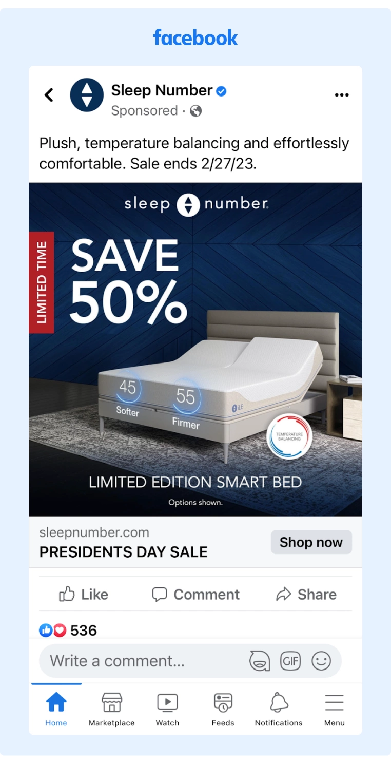 Sleep Numbers Facebook ad offering discounted mattresses