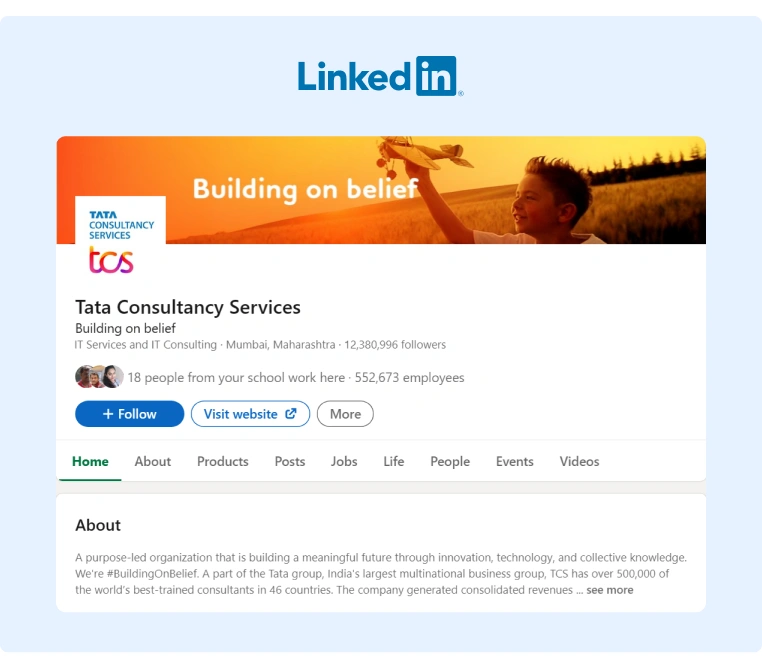 Tata Consultancy Services Company Profile Page on LinkedIn has an inspiring banner image of a child playing with a toy airplane