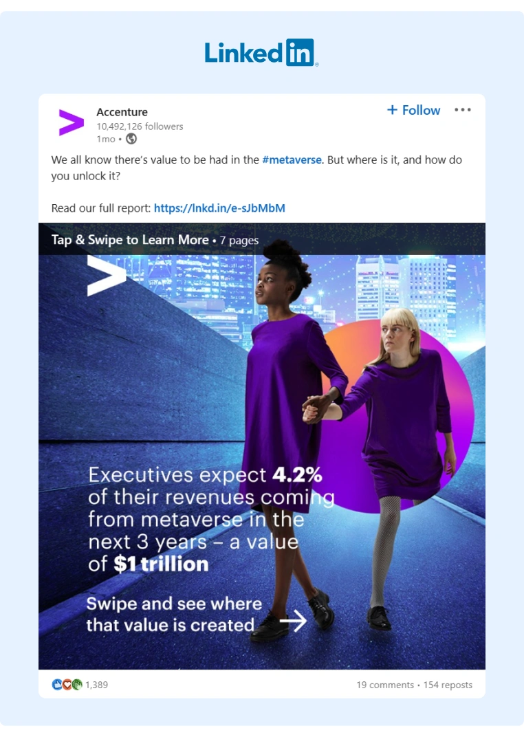 This post from Accenture also gives value by sharing a report on trends in the metaverse